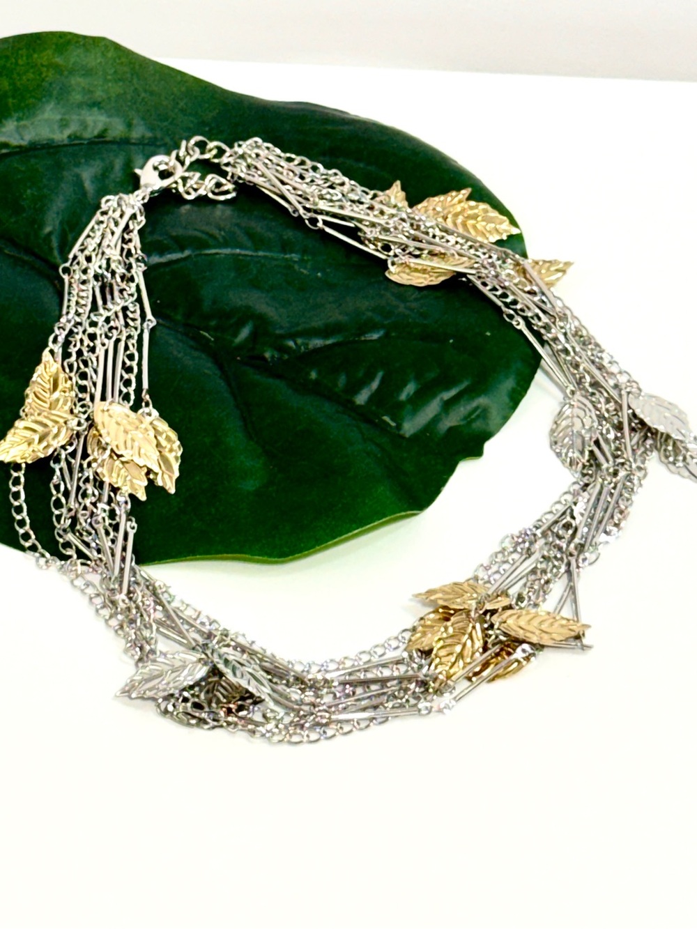 Mixed Metal Multi-Chain Leaf Charm Collar Necklace NWT